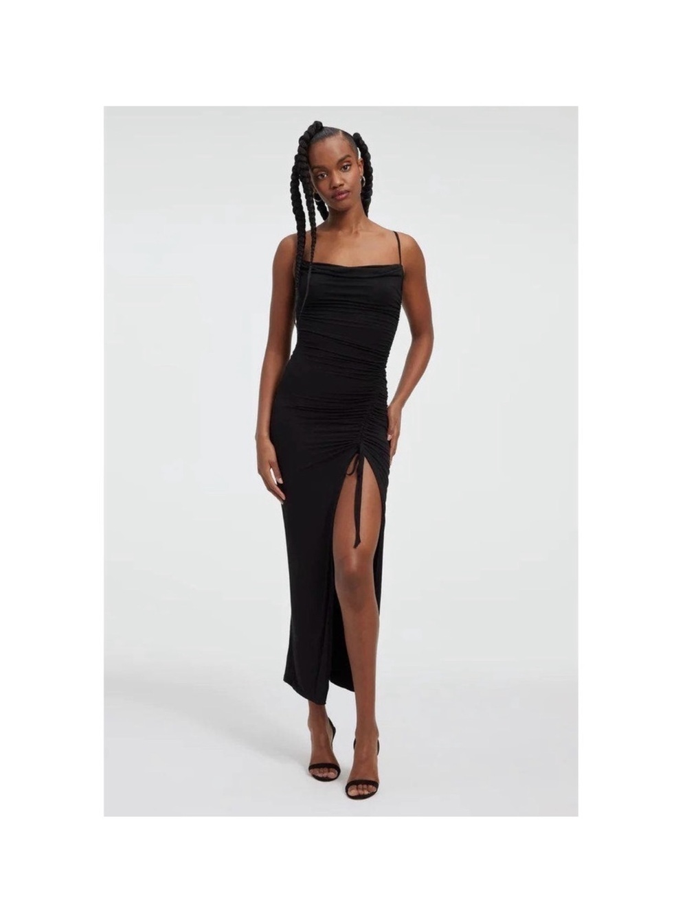 Good American Black Ruched Maxi Dress with High Side Slit